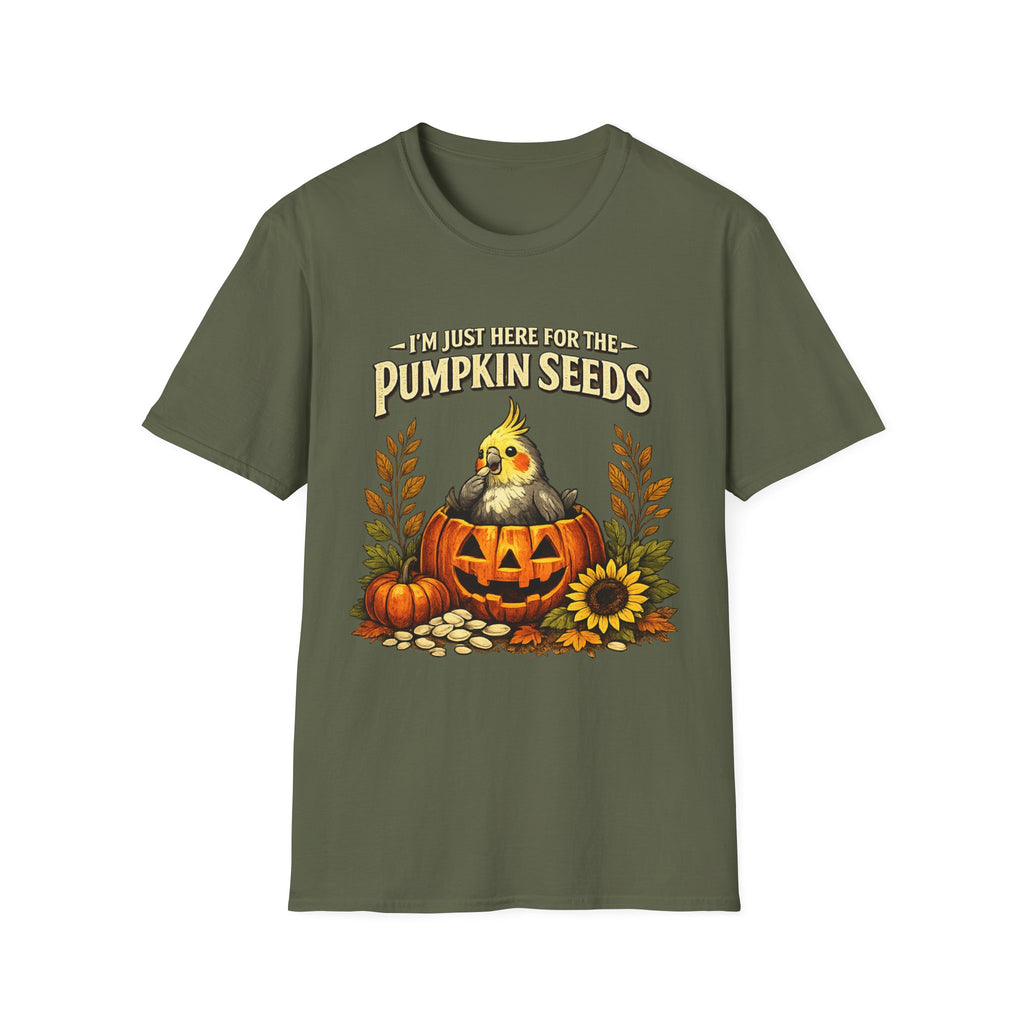 T-Shirt — “I’m Just Here for the Pumpkin Seeds” Cute Cockatiel Pumpkin Fall Tee