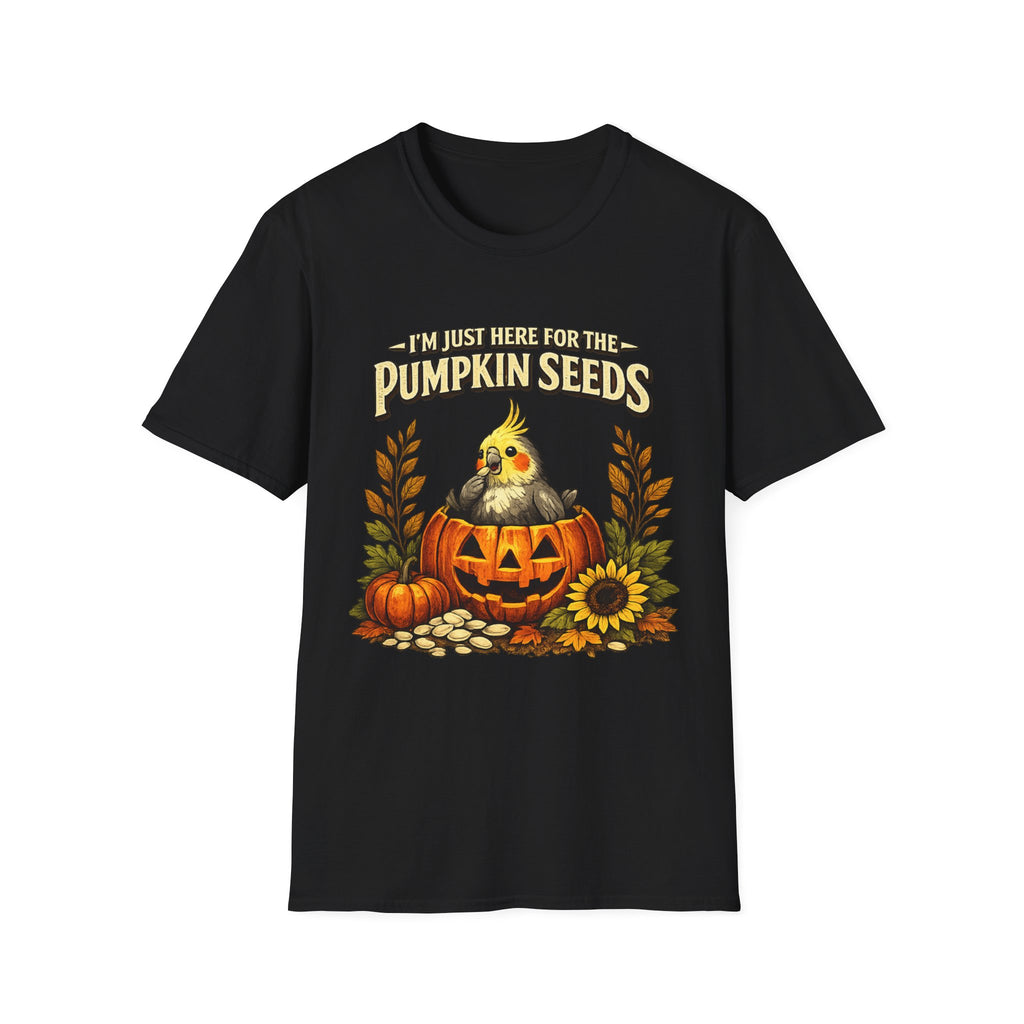 T-Shirt — “I’m Just Here for the Pumpkin Seeds” Cute Cockatiel Pumpkin Fall Tee