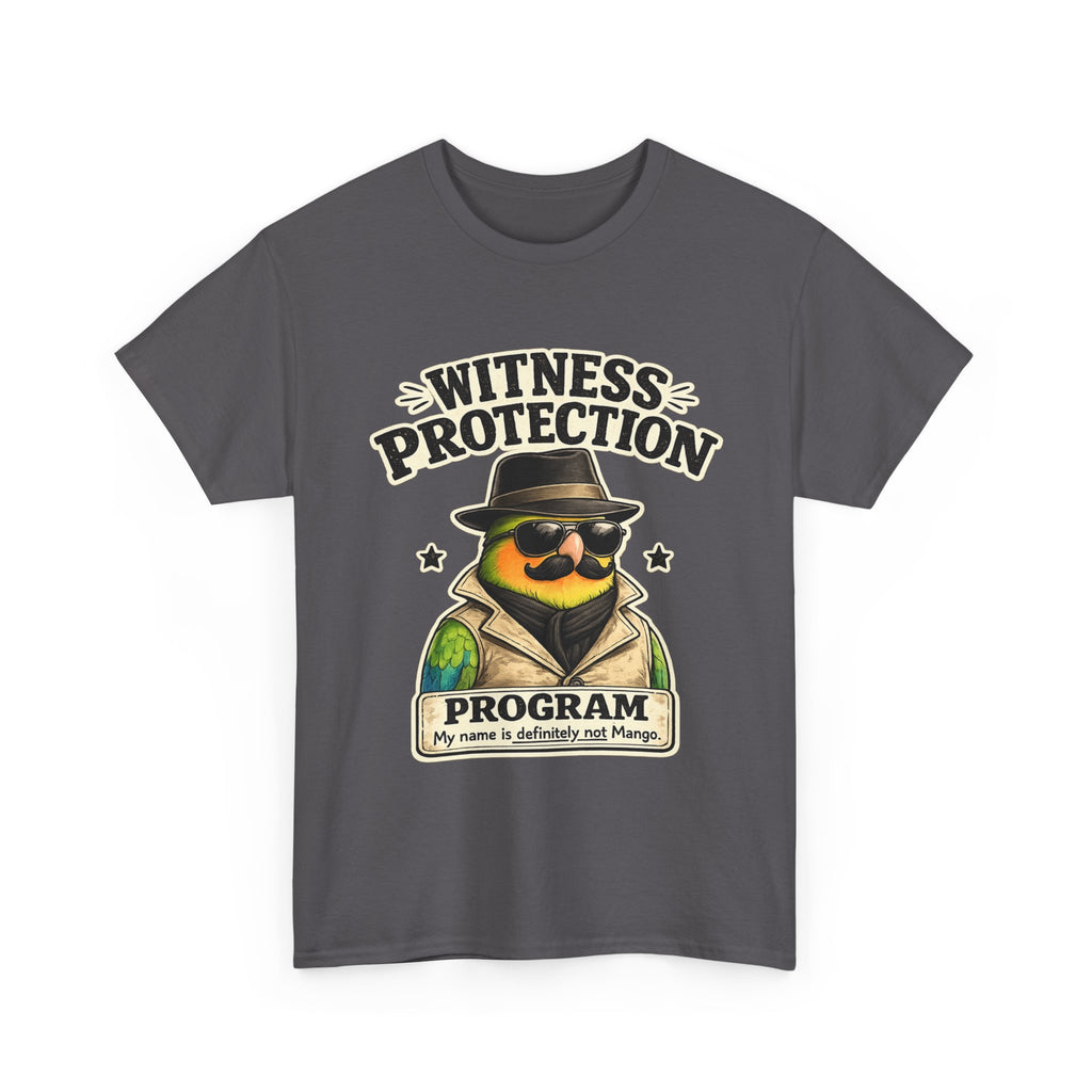 Witness Protection Program – Funny Lovebird T-Shirt | “My Name Is Definitely Not Mango”