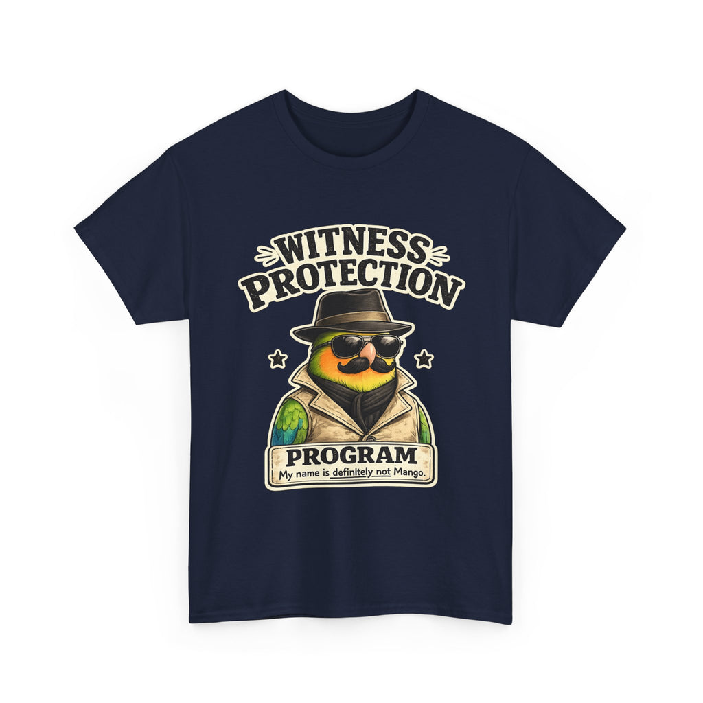 Witness Protection Program – Funny Lovebird T-Shirt | “My Name Is Definitely Not Mango”