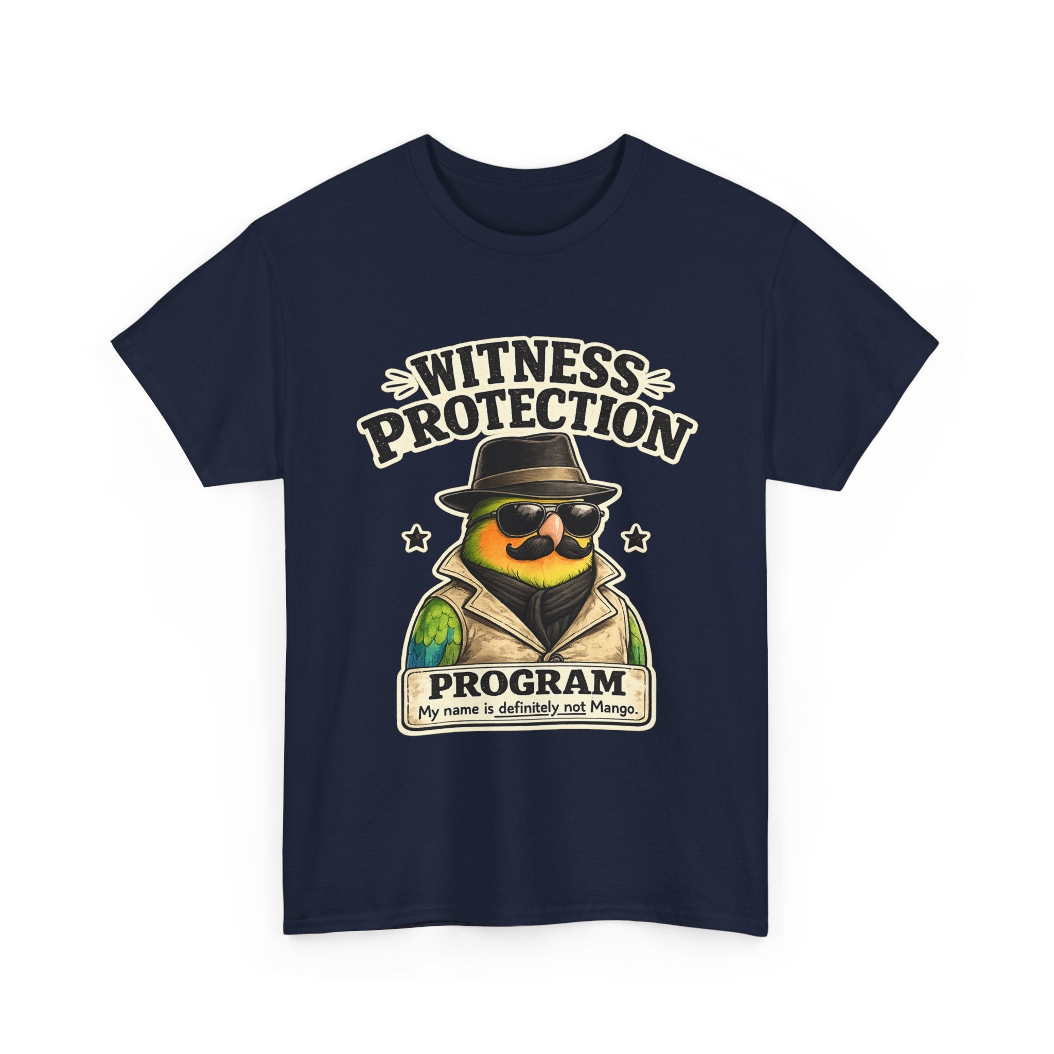 Witness Protection Program – Funny Lovebird T-Shirt | “My Name Is Definitely Not Mango”