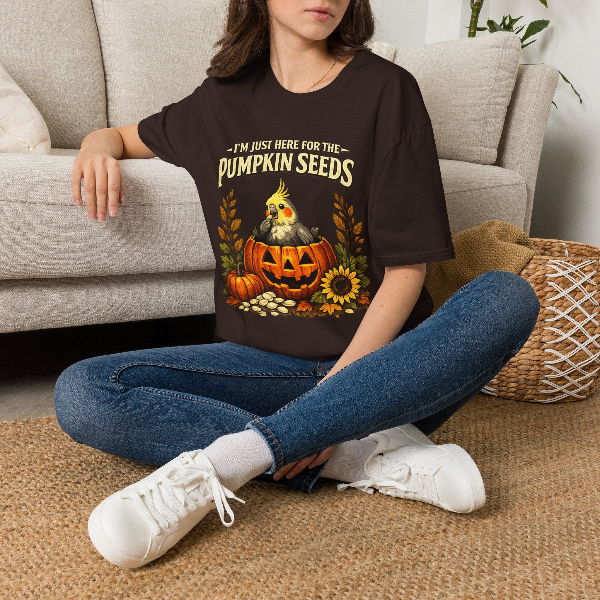 T-Shirt — “I’m Just Here for the Pumpkin Seeds” Cute Cockatiel Pumpkin Fall Tee