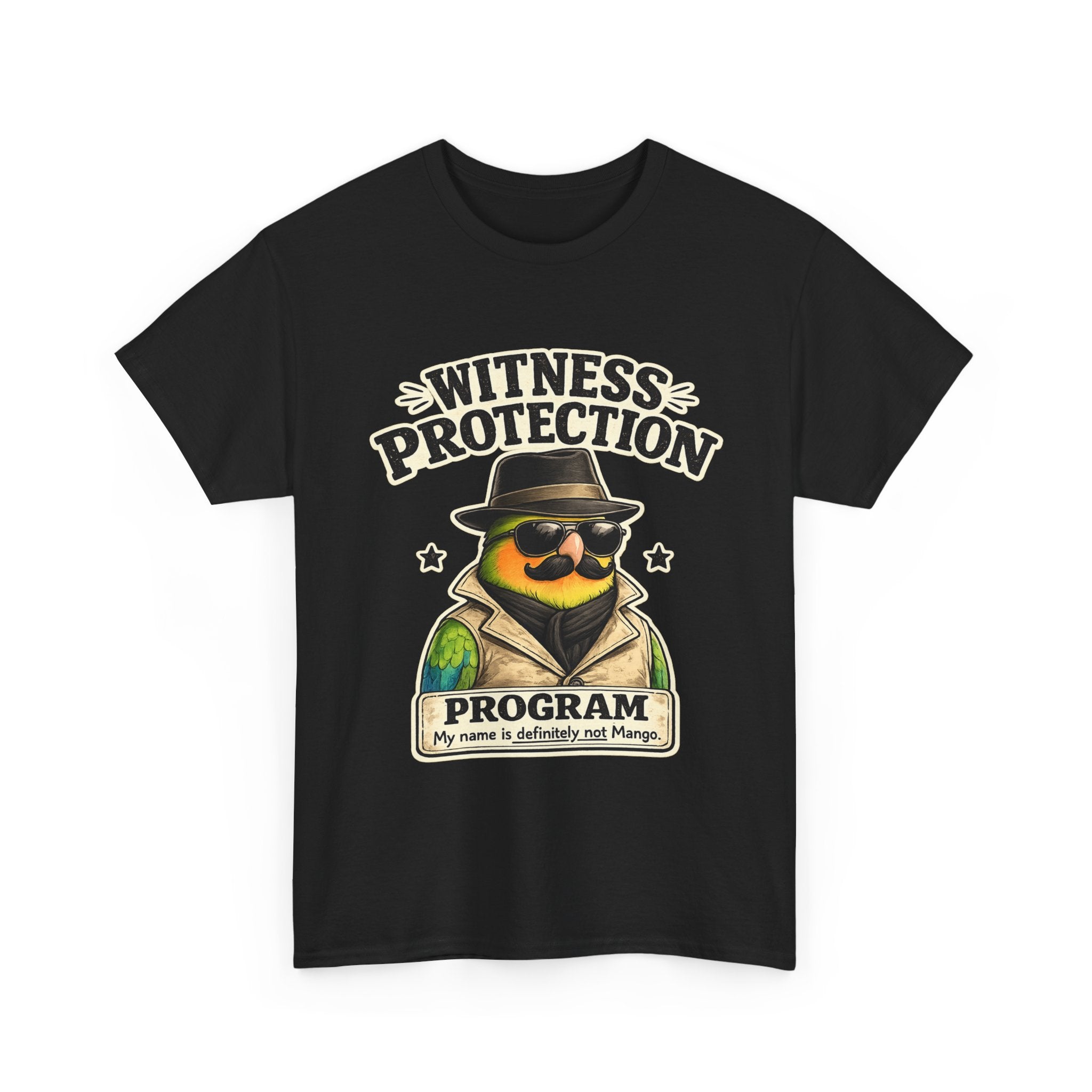 Witness Protection Program – Funny Lovebird T-Shirt | “My Name Is Definitely Not Mango”
