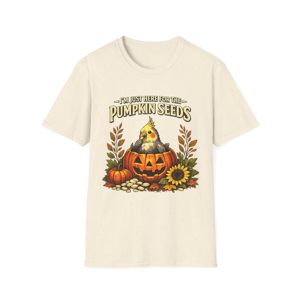 T-Shirt — “I’m Just Here for the Pumpkin Seeds” Cute Cockatiel Pumpkin Fall Tee