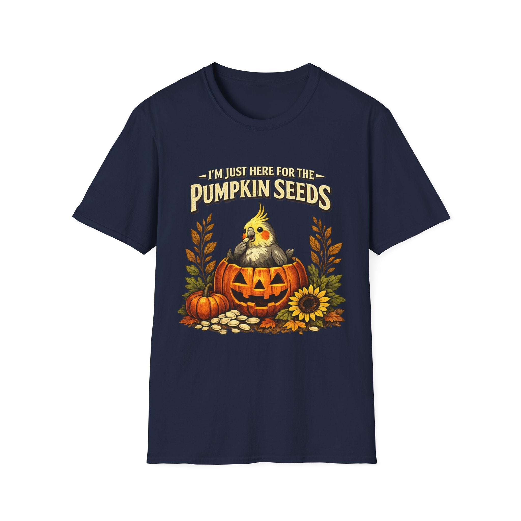 T-Shirt — “I’m Just Here for the Pumpkin Seeds” Cute Cockatiel Pumpkin Fall Tee