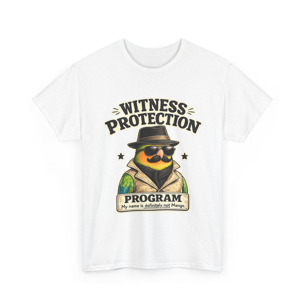 Witness Protection Program – Funny Lovebird T-Shirt | “My Name Is Definitely Not Mango”