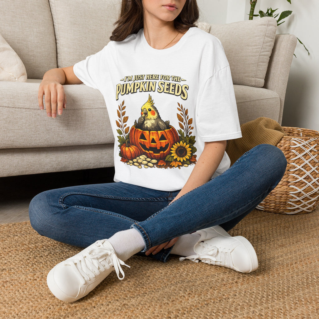T-Shirt — “I’m Just Here for the Pumpkin Seeds” Cute Cockatiel Pumpkin Fall Tee