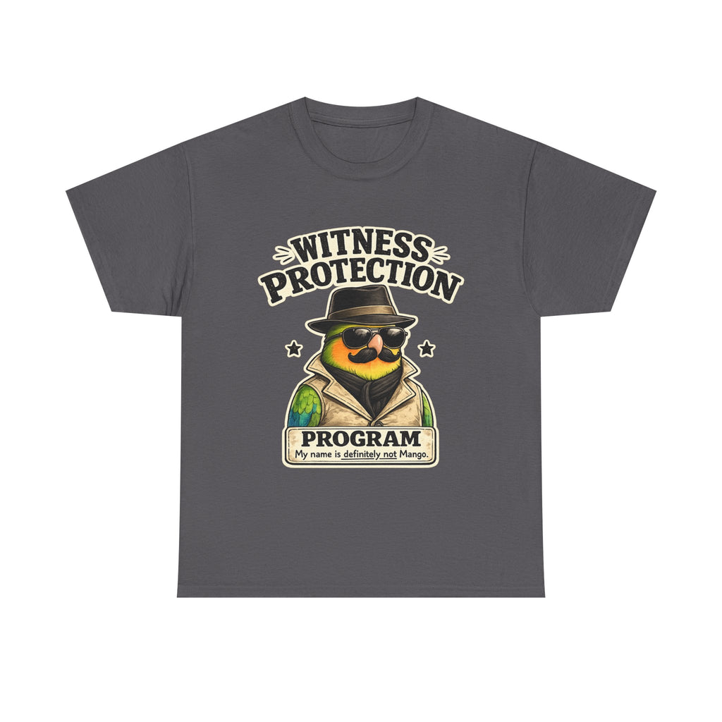 Witness Protection Program – Funny Lovebird T-Shirt | “My Name Is Definitely Not Mango”