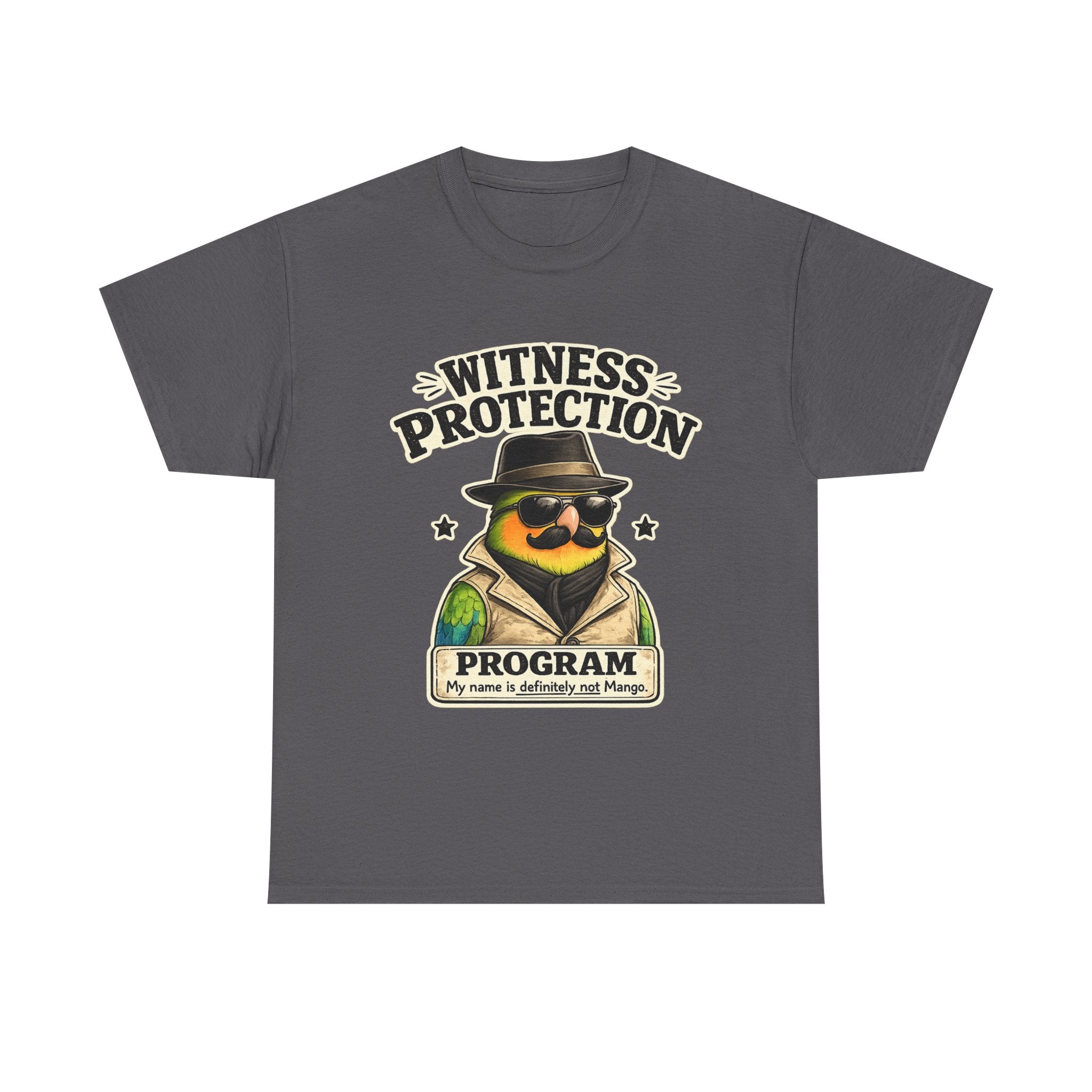 Witness Protection Program – Funny Lovebird T-Shirt | “My Name Is Definitely Not Mango”