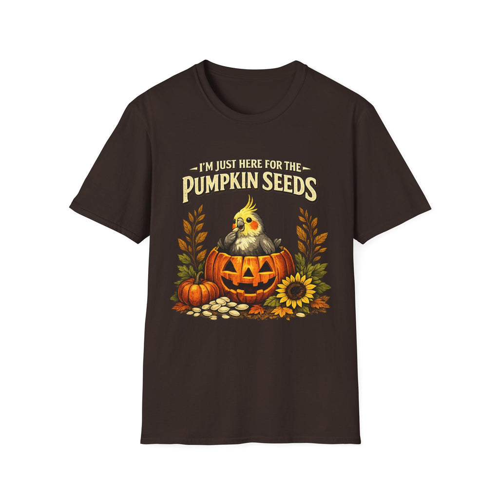 T-Shirt — “I’m Just Here for the Pumpkin Seeds” Cute Cockatiel Pumpkin Fall Tee