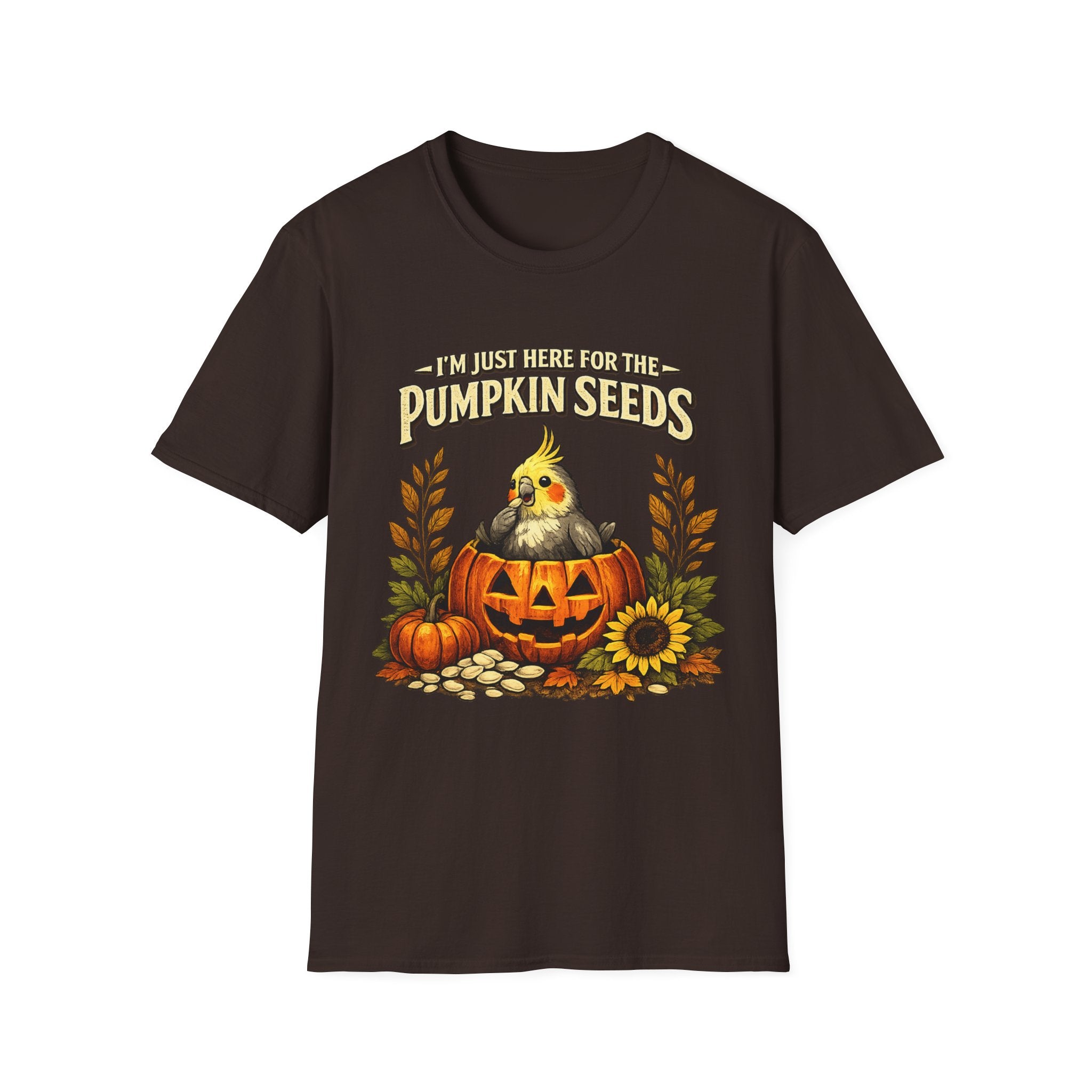T-Shirt — “I’m Just Here for the Pumpkin Seeds” Cute Cockatiel Pumpkin Fall Tee