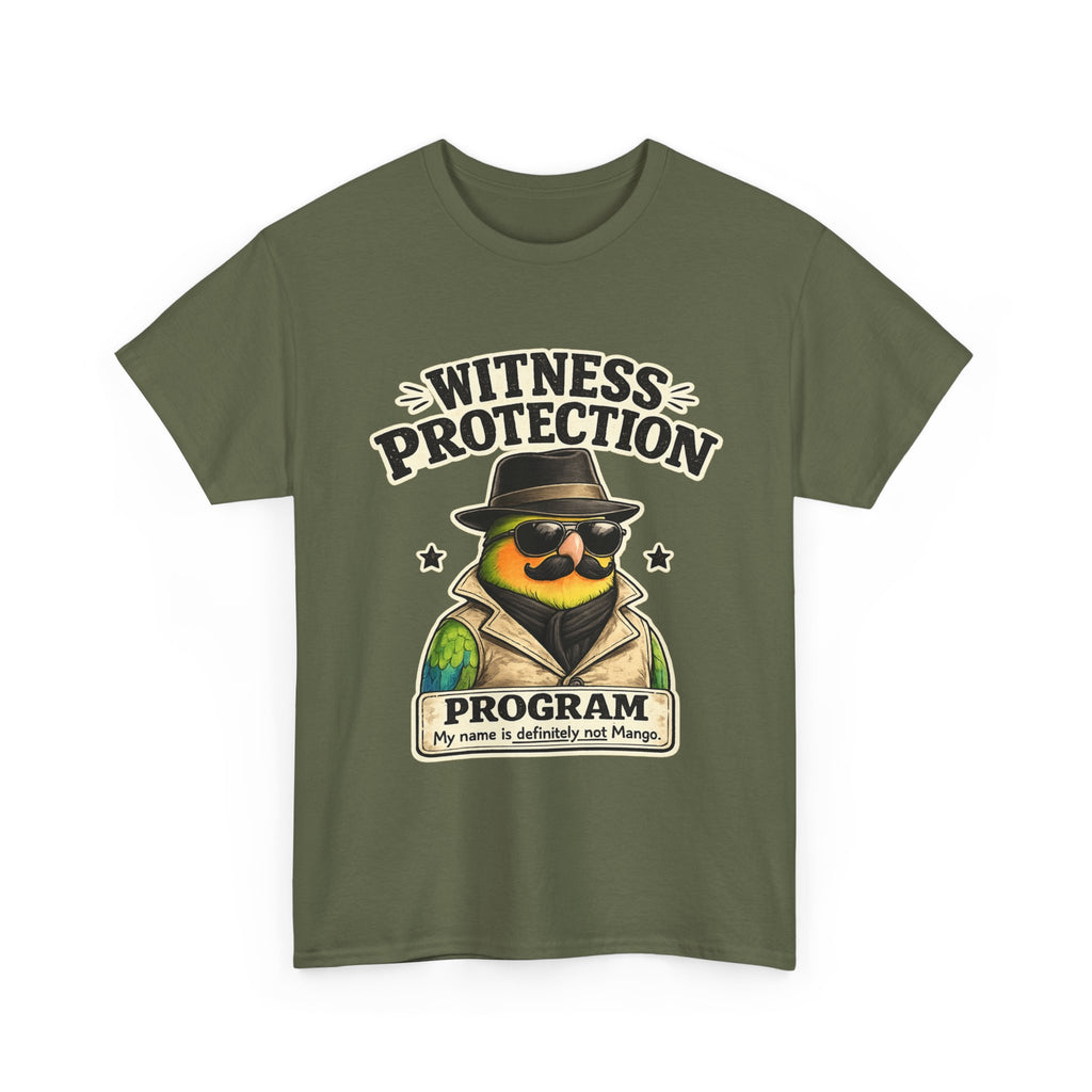 Witness Protection Program – Funny Lovebird T-Shirt | “My Name Is Definitely Not Mango”