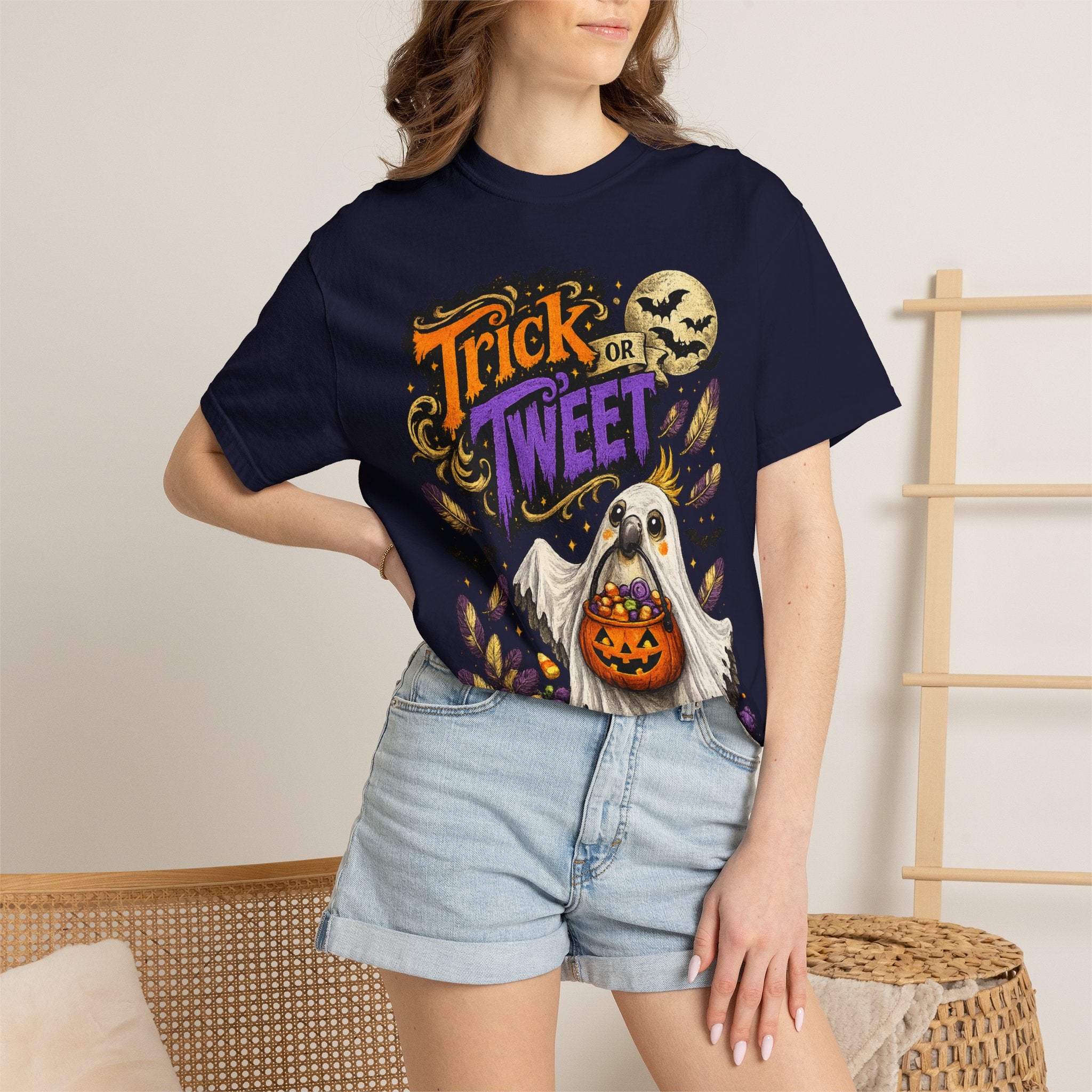 Trick or Tweet Ghost Bird Halloween T-Shirt | Funny Parrot & Bird Lover Tee